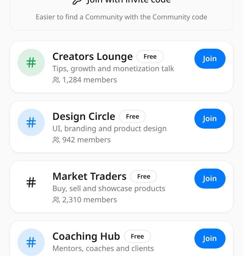 Communities screen from the MyTime mobile app