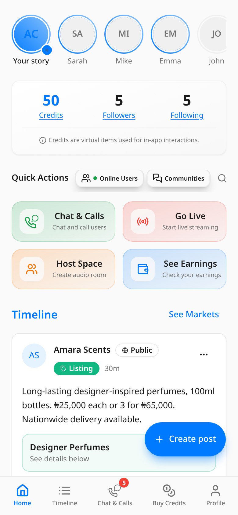 MyTime mobile home screen with Stories, quick actions, and timeline